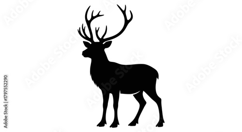 Silhouette of a majestic stag with large antlers standing proudly against a white background.