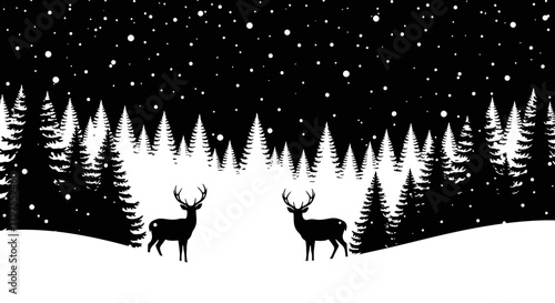 A serene winter landscape featuring two deer silhouetted against a snowy forest under a starry night sky with falling snowflakes.