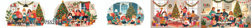 Family gathers to open presents together on Christmas morning. Vector, design, minimalist, illustrations, set icon
