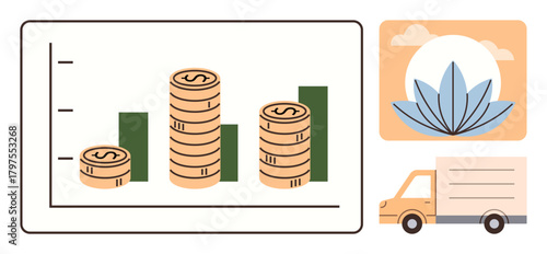 Bar graph showing financial growth with stacked coins. Eco symbol and delivery truck representing sustainability, logistics, financial success. Ideal for business, finance, sustainability