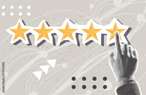 Trendy Halftone Collage with hand and five stars. Positive review. Customer feedback. High quality and good business reputation.