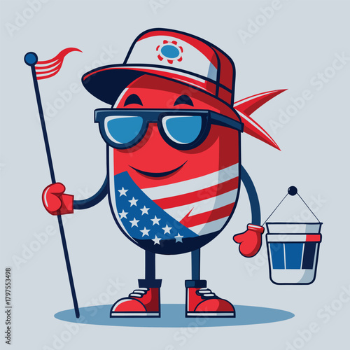 Stylized anthropomorphic fishing bobber character design with expressive face and fishing rod