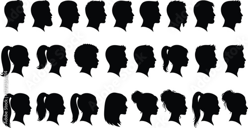 Diverse collection of black silhouette profiles of people and hairstyles
