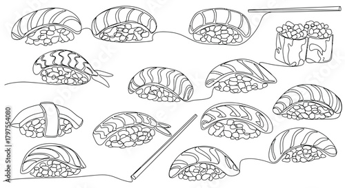 Sushi line art vector drawing japanese food seamless pattern