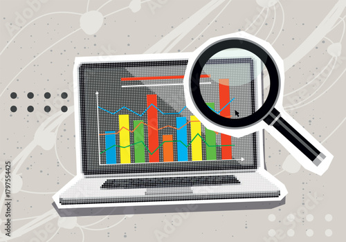 Data analytics concept. Halftone hand draws sales graph. Modern collage design. Pop art. Growth chart. Successful business performance. Business data graph on screen laptop. Achieving high results
