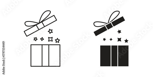 Open gift box icons with simple flat and thin stroke style