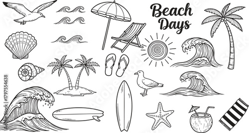 Collection of hand drawn black and white beach elements for summer vacation and coastal themes