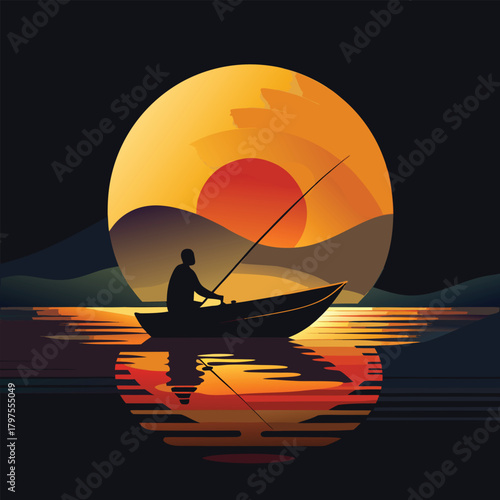 Stylized vector illustration of a solitary angler casting a line into serene waters at dawn