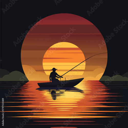 Stylized vector illustration of a lone angler casting a line into calm waters at sunrise or sunset