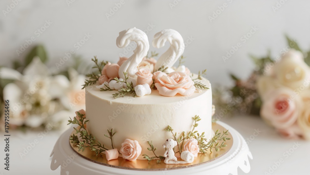 Fototapeta premium Two-month celebration cake, featuring a cheese cream frosting and rustic floral accents, with a marshmallow decoration in the shape of a number, festive occasion