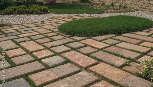 Colorful pavers arranged around green grass, enhancing garden aesthetics
