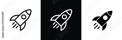 Rocket Icon Set – Startup Launch Symbol, Space Rocket Outline and Solid Vector Icons