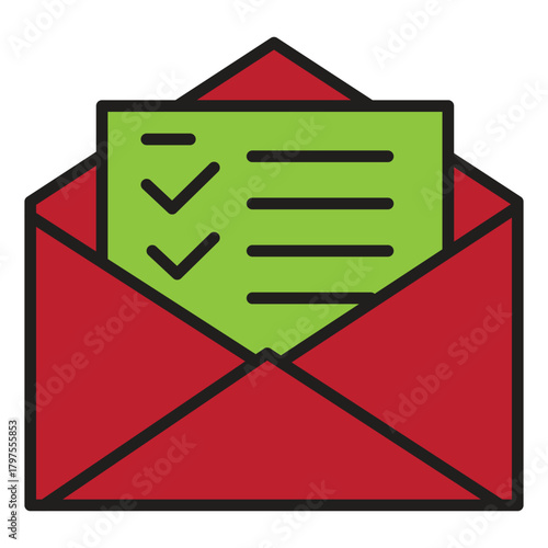 An open red envelope containing a green sheet with checkmarks inside