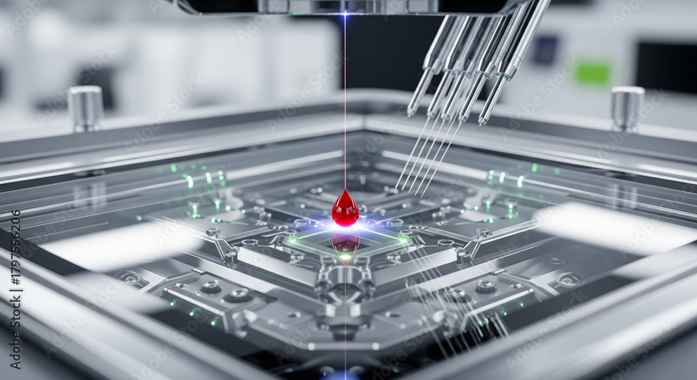 Fototapeta premium Innovative technology in lab setting with droplet of liquid