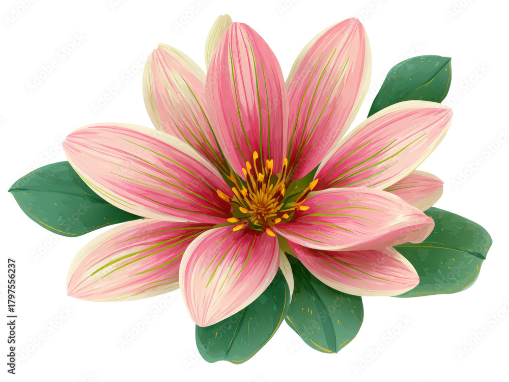 Fototapeta premium A pink and white flower with green leaves