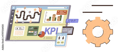 Interactive dashboard screen with KPI metrics, graphs, process visualization, and financial analysis elements. Ideal for analytics, strategy, data management, planning, performance review process