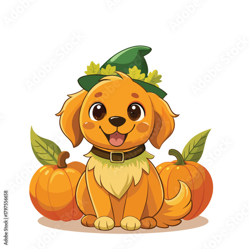 Adorable and happy cartoon golden retriever puppy illustration with a playful and friendly expression