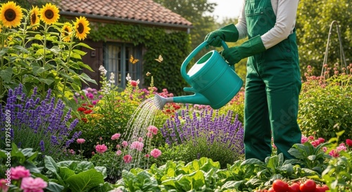 Fototapeta Naklejka Na Ścianę i Meble -  Gardener watering vibrant flowers and sunflowers in a lush garden on a sunny day.