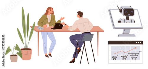 Colleagues sitting at a desk discussing AI innovations with a robot on screen and sales graph nearby, surrounded by plants. Ideal for teamwork, AI, e-commerce, innovation, growth, business planning