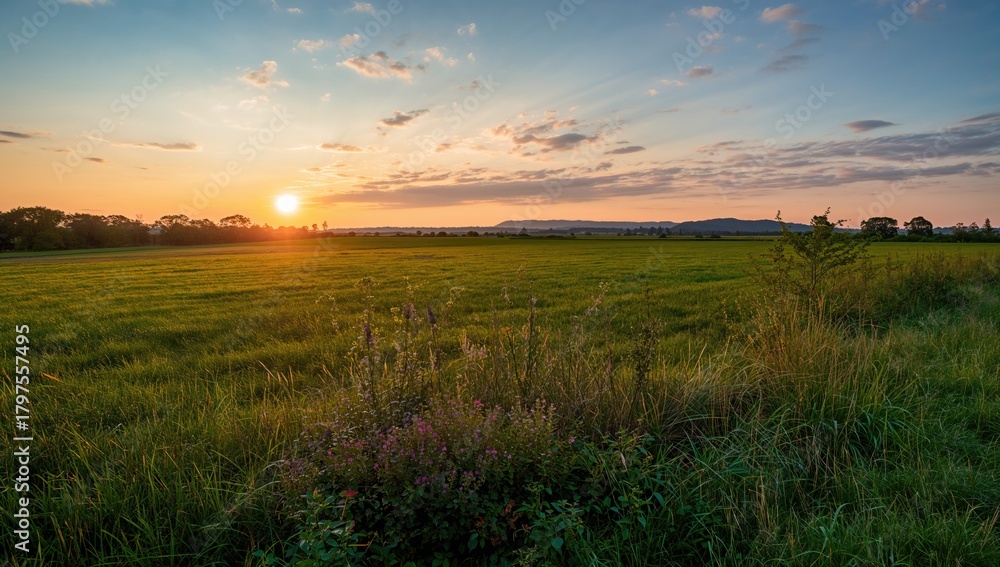 Fototapeta premium Near sunset in an open field, highlighting seasonal change, summer is approaching