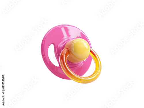 A pink and yellow baby bottle with a yellow ring