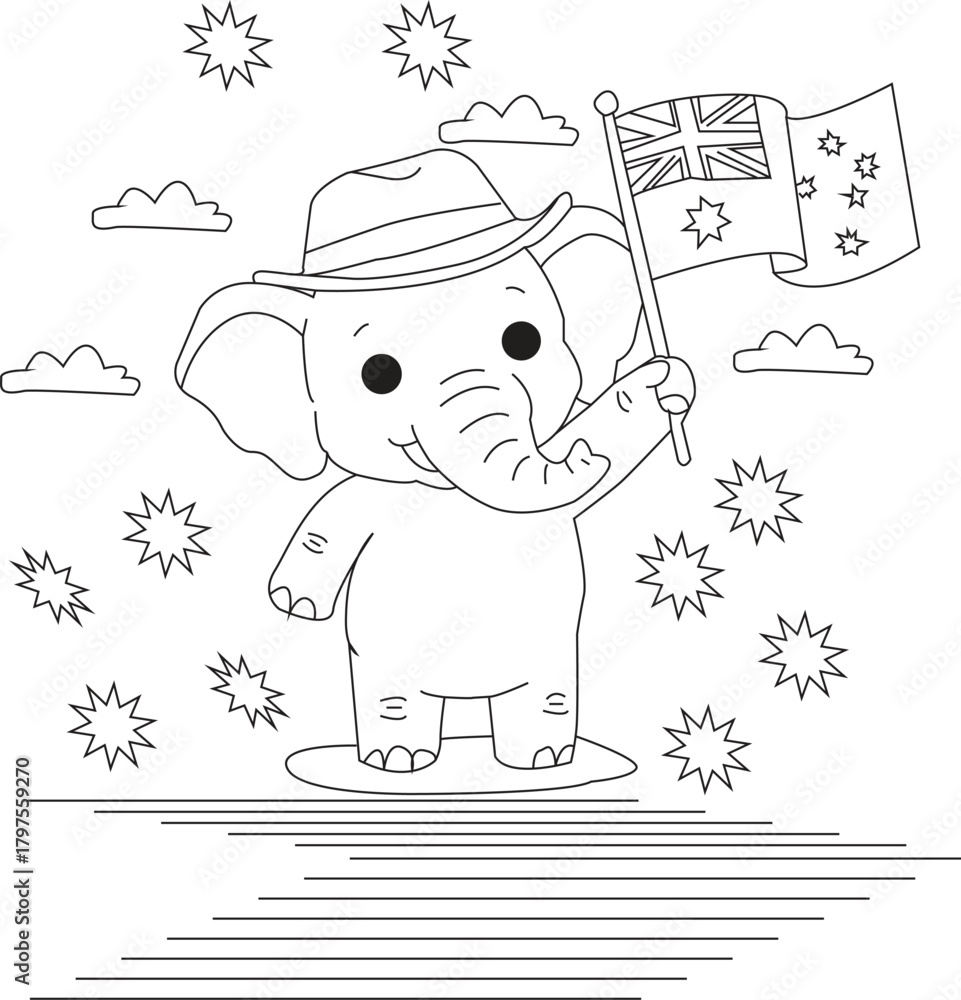 Naklejka premium Smiling elephant in hat holds australian flag, patriotic coloring