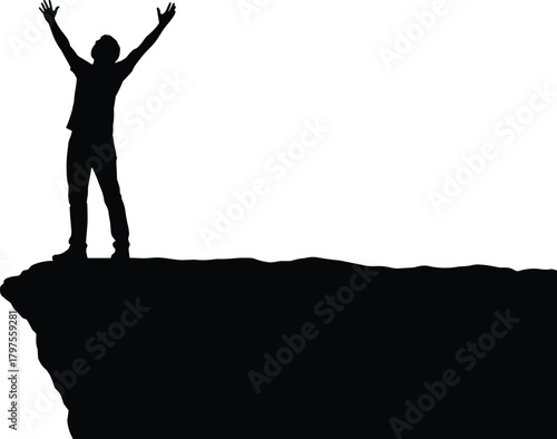 Cliff silhouette, victory pose, outdoor achievement, triumphant figure, rugged terrain, nature success, goal reached, celebration moment, personal triumph, high elevation