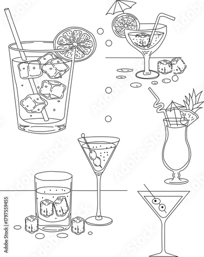 Collection of refreshing summer beverages, cocktails, drinks line art.