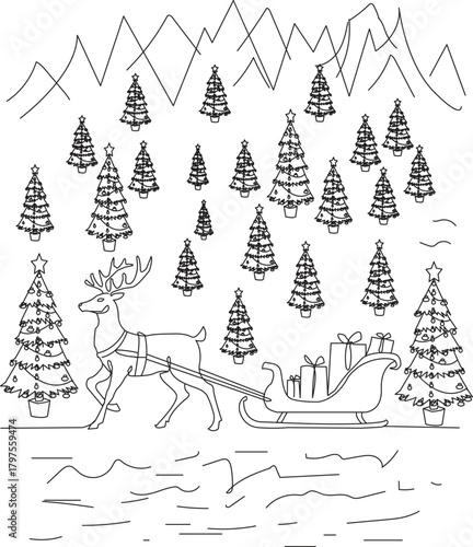 Reindeer pulling gift sleigh through festive christmas forest