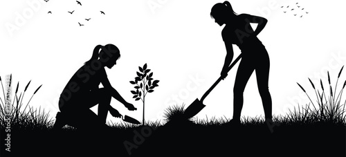 Gardening silhouette, planting teamwork, nature care, outdoor activity, shovel work, soil preparation, environmental action, green lifestyle, eco-friendly effort, sustainability scene