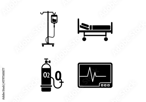Black vector icons group  with graphic icons showing medical equipment like iv drip, oxygen tank, bed and heart monitor display screen silhouette