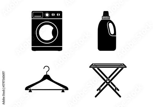 Black vector icons group  with a graphic representing laundry items including a washer, bottle, hanger, and ironing board in black and white silhouette