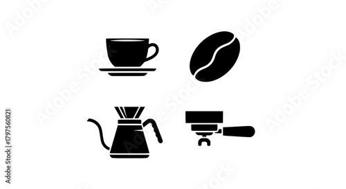 Vecter icons set showing simple black and white coffee icons featuring cup, bean, pour, overkettle, and espresso machine portafilter silhouette