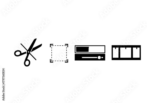 Vecter icons set showing a collection of four distinct icons depicting editing tools and interface elements in black and white style silhouette