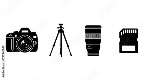 Vecter icons set showing a collection of photography equipment including camera,tripod, lens and memory card displayed in black and white silhouette