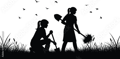 Gardening teamwork, outdoor planting, soil digging, nature care, silhouette workers, environmental effort, shovel action, green lifestyle, conservation scene, teamwork outdoors