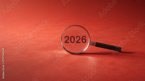 Magnifying glass focused on the year 2026 on a red surface
