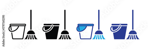 Set of cleaning tools including buckets and brooms in different styles isolated on white background