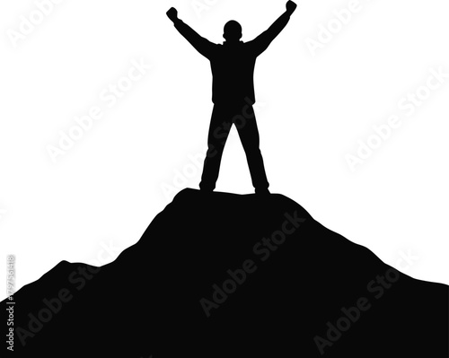 Mountain silhouette, victory pose, outdoor achievement, triumphant figure, nature summit, success gesture, rugged peak, goal reached, celebration moment, personal triumph