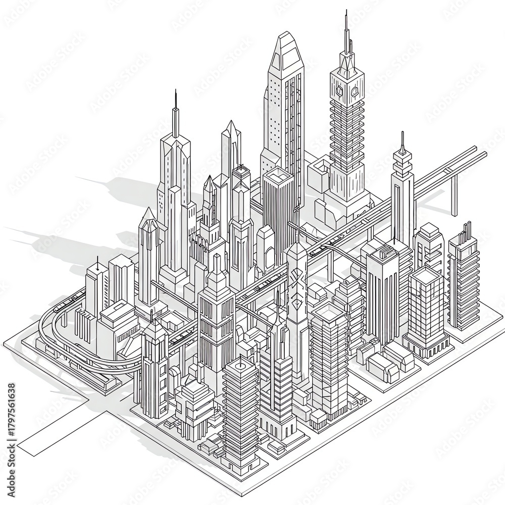 Obraz premium Isometric Cityscape Line Art Urban Planning Modern Architecture