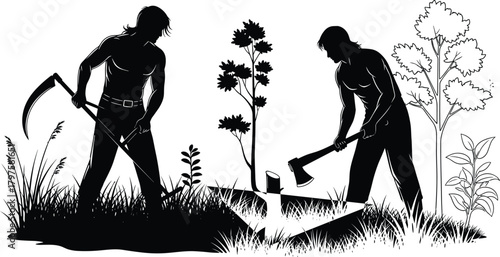 Outdoor labor, silhouette workers, axe action, scythe cutting, forest work, nature effort, manual task, environmental care, teamwork, land clearing