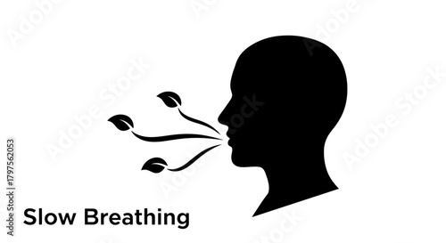 Silhouette of a person exhaling leaves symbolizing slow breathing meditation relaxation and healthy lifestyle