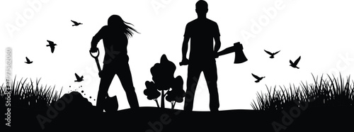 Outdoor labor, silhouette workers, shovel digging, axe holding, nature work, forest scene, manual effort, environmental care, teamwork, planting activity