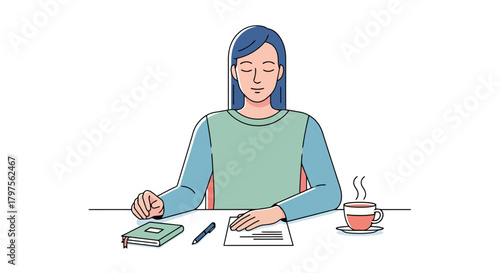 Woman Studying or Working at Desk with Coffee Notebook Pen Peaceful Concentration