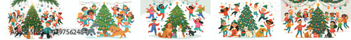 Pets Playing Near the Christmas Tree. Vektor, design, minimalist, illustrations, set icon