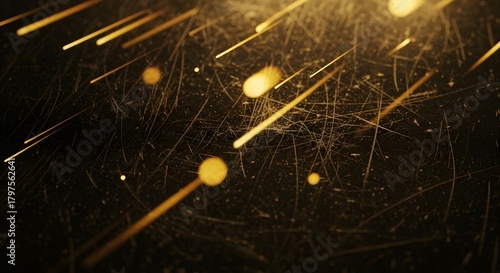 Golden light streaks and particles on a scratched dark surface