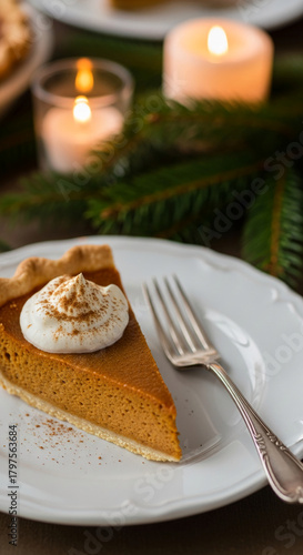 Wallpaper Mural Slice of orange pie with white cream on white plate. Festive table setting, representing seasonal dessert, tradition, and celebration Torontodigital.ca