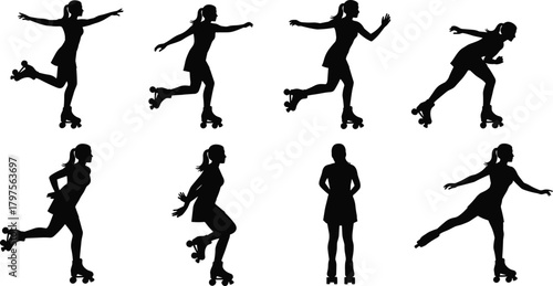Tapeta Roller skating silhouette, woman in motion, dynamic poses, black figure, minimal