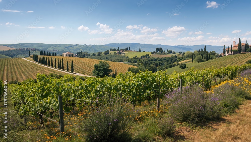 Fototapeta premium Vineyards with grapevines and rolling hills near a winery under summer sunlight, capturing the essence of wine production