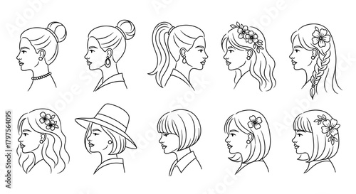 Various hairstyles illustrated in profile view for women  